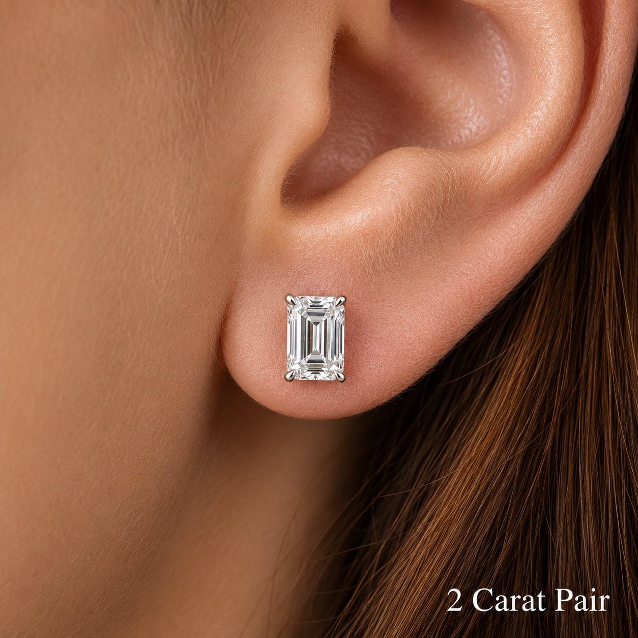 Emerald Cut Lab Grown Diamond Stud Earrings: 4 Prong Set, Push Back