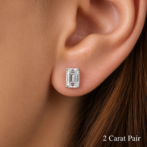 Emerald Cut Lab Grown Diamond Stud Earrings: 4 Prong Set, Push Back