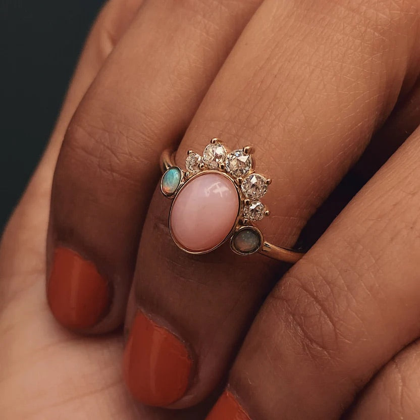 Barbie Theme Pink Opal Multi Stone Art Deco Ring with Fire Opal and Lab Grown Diamonds