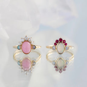 Barbie Theme Pink Opal Multi Stone Art Deco Ring with Fire Opal and Lab Grown Diamonds