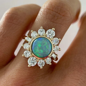 Natural Round Fire Opal & CVD Diamond Victorian Era Wedding Ring