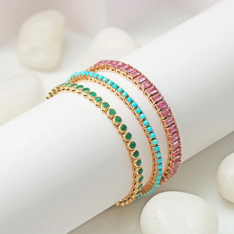 4.60 Carat Natural Emerald Bezel Bracelet: Round Tennis Bracelet in 14K Gold