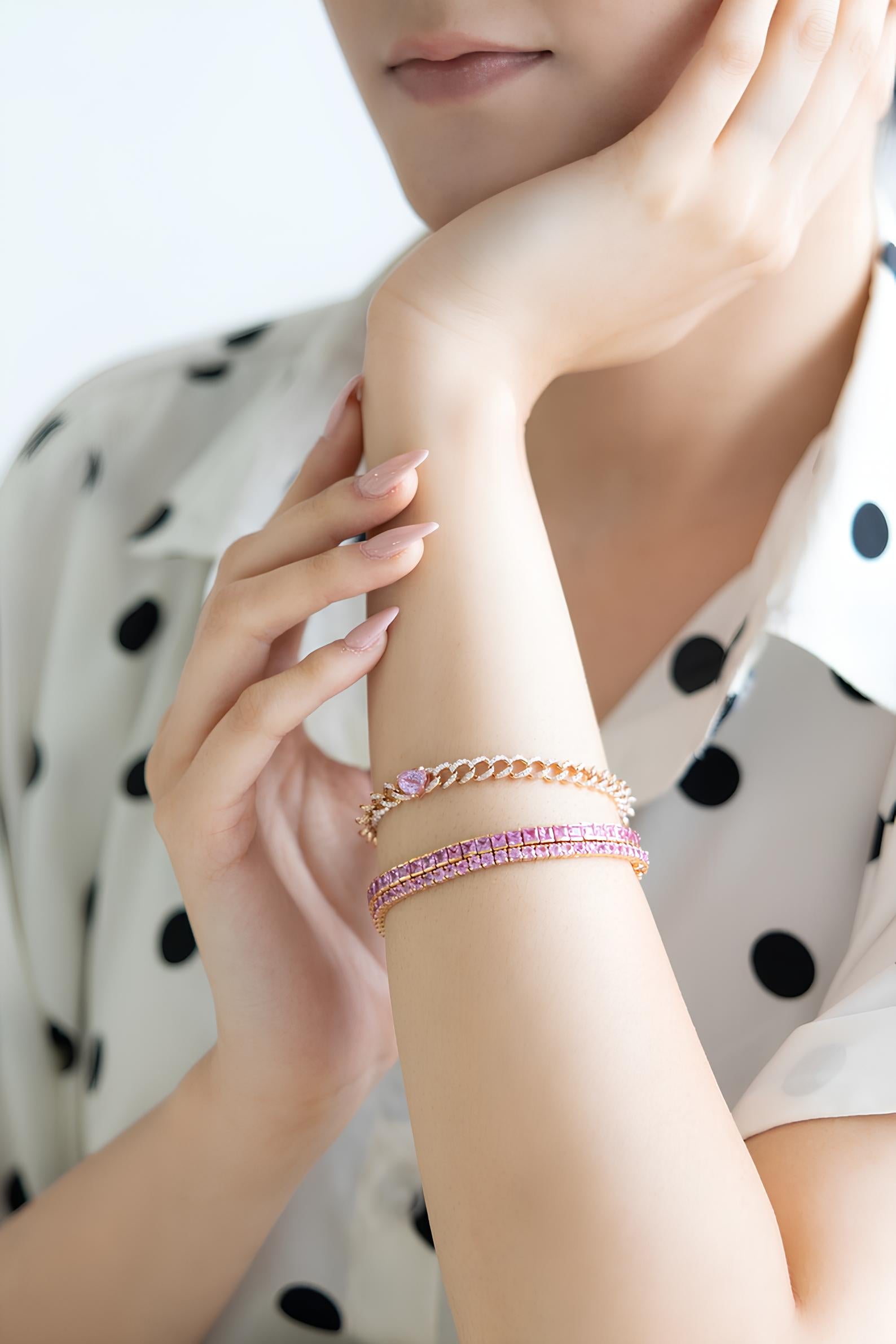 Natural Pink Sapphire Channel Set Half Bezel Bracelet: Princess cut Tennis Bracelet in 18K Gold