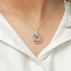 Natural Rainbow Sapphire and Lab-Grown Diamond Circle Pendant Necklace in 14K Gold