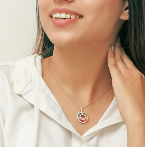 Natural Rainbow Sapphire and Lab-Grown Diamond Circle Pendant Necklace in 14K Gold