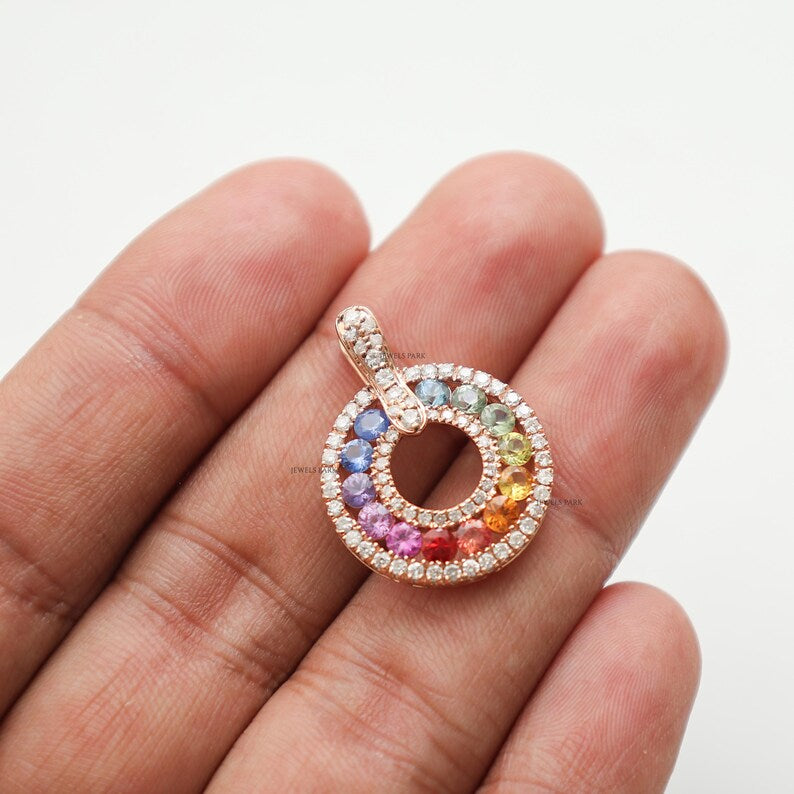 Natural Rainbow Sapphire and Lab-Grown Diamond Circle Pendant Necklace in 14K Gold