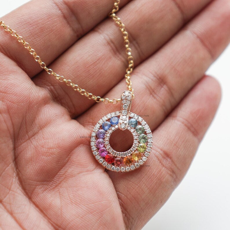 Natural Rainbow Sapphire and Lab-Grown Diamond Circle Pendant Necklace in 14K Gold