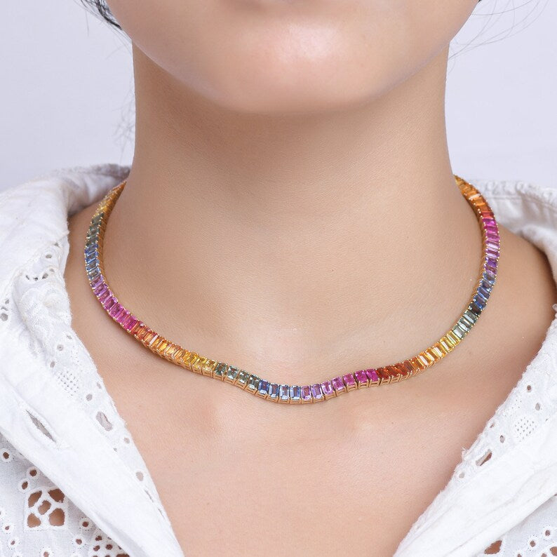 32 Carat Natural Emerald-Cut Rainbow Sapphire Prong-Set Tennis Necklace