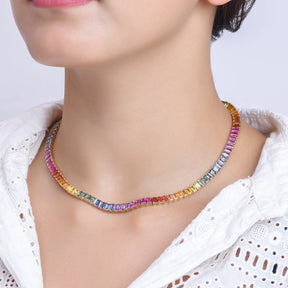 32 Carat Natural Emerald-Cut Rainbow Sapphire Prong-Set Tennis Necklace