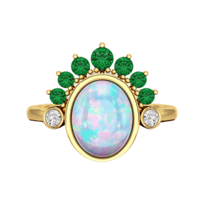 Natural Opal Multi Stone Art Deco Ring with Natural Emeralds and Diamonds