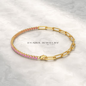 1.34 Carat Natural Pink Sapphire & Paperclip 50-50 Tennis Bracelet