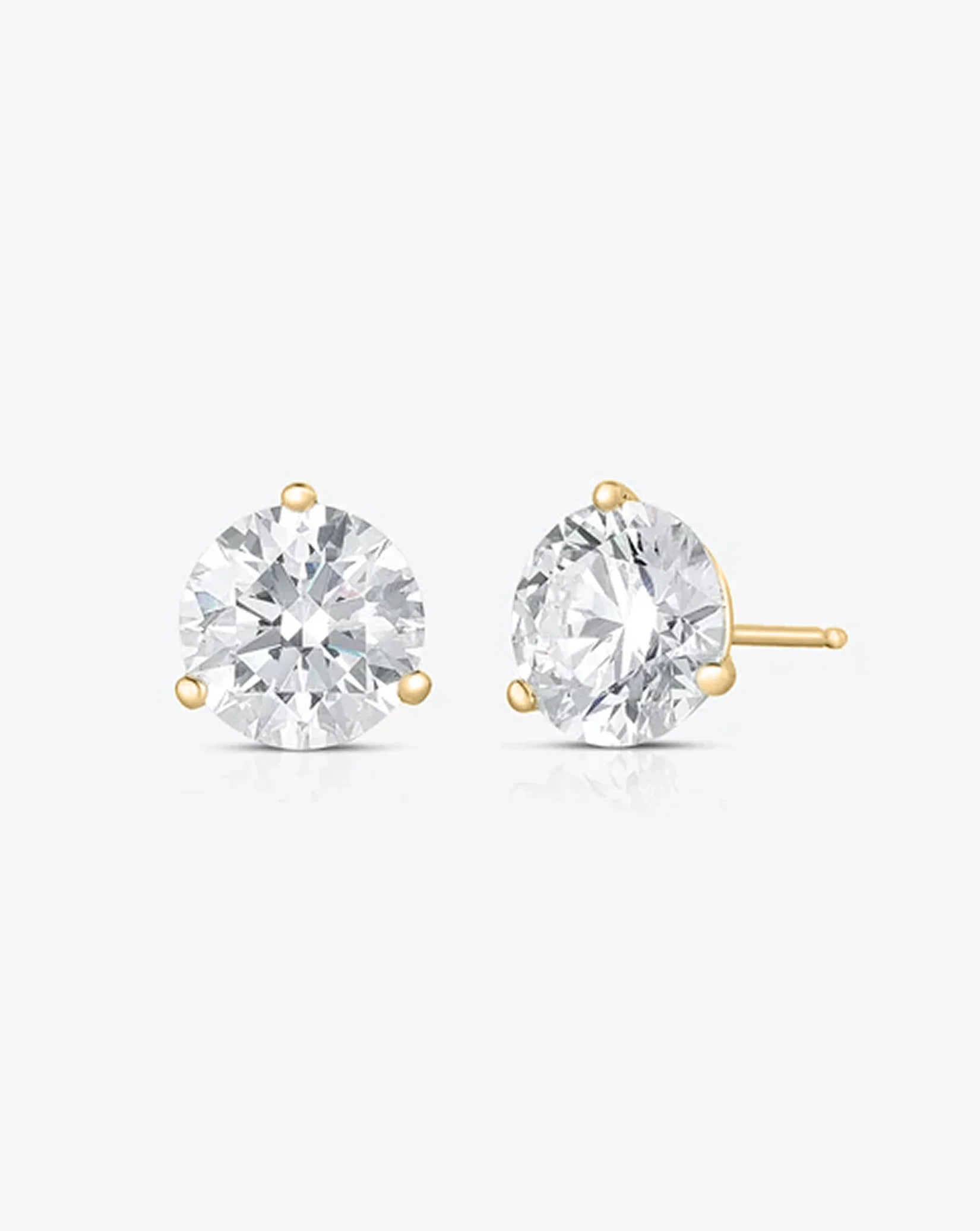 Round Cut Lab Grown Diamond Stud Earrings: Martini Setting, 3 Prong Push Back