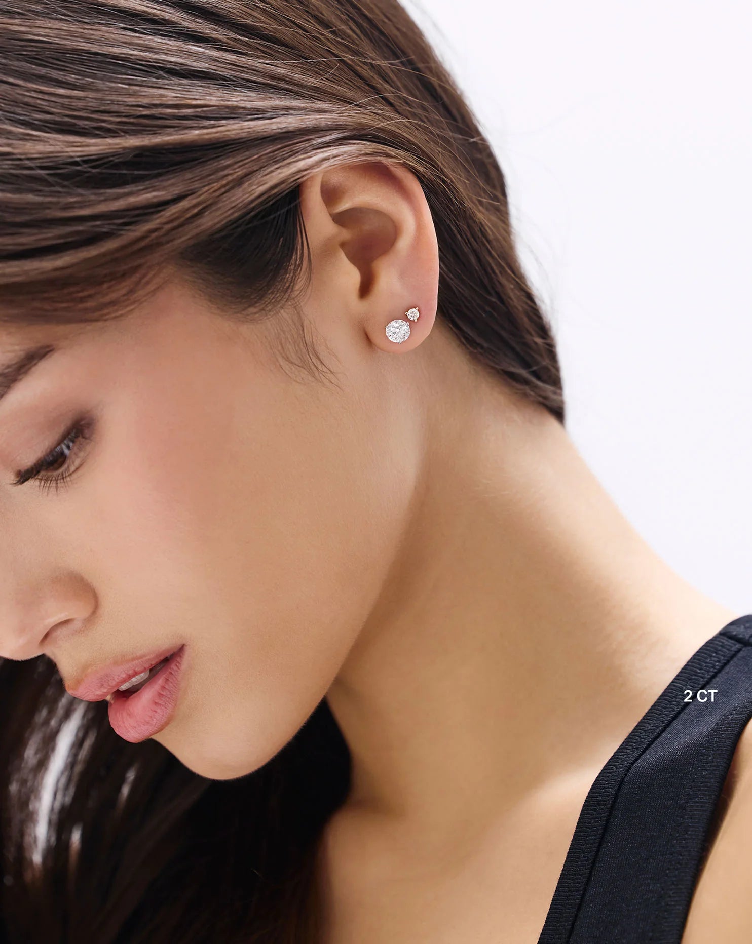 Round Cut Lab Grown Diamond Stud Earrings: Martini Setting, 3 Prong Push Back