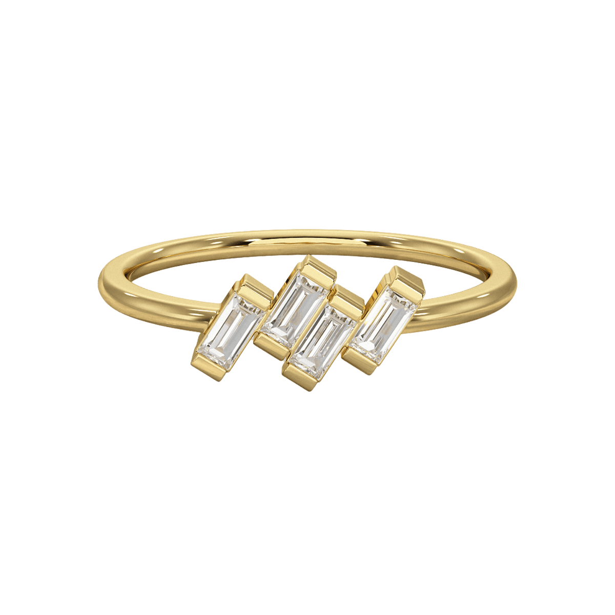 Tilted baguette diamond ring in 14k gold, lab grown diamond half bezel set modern art deco stacking ring
