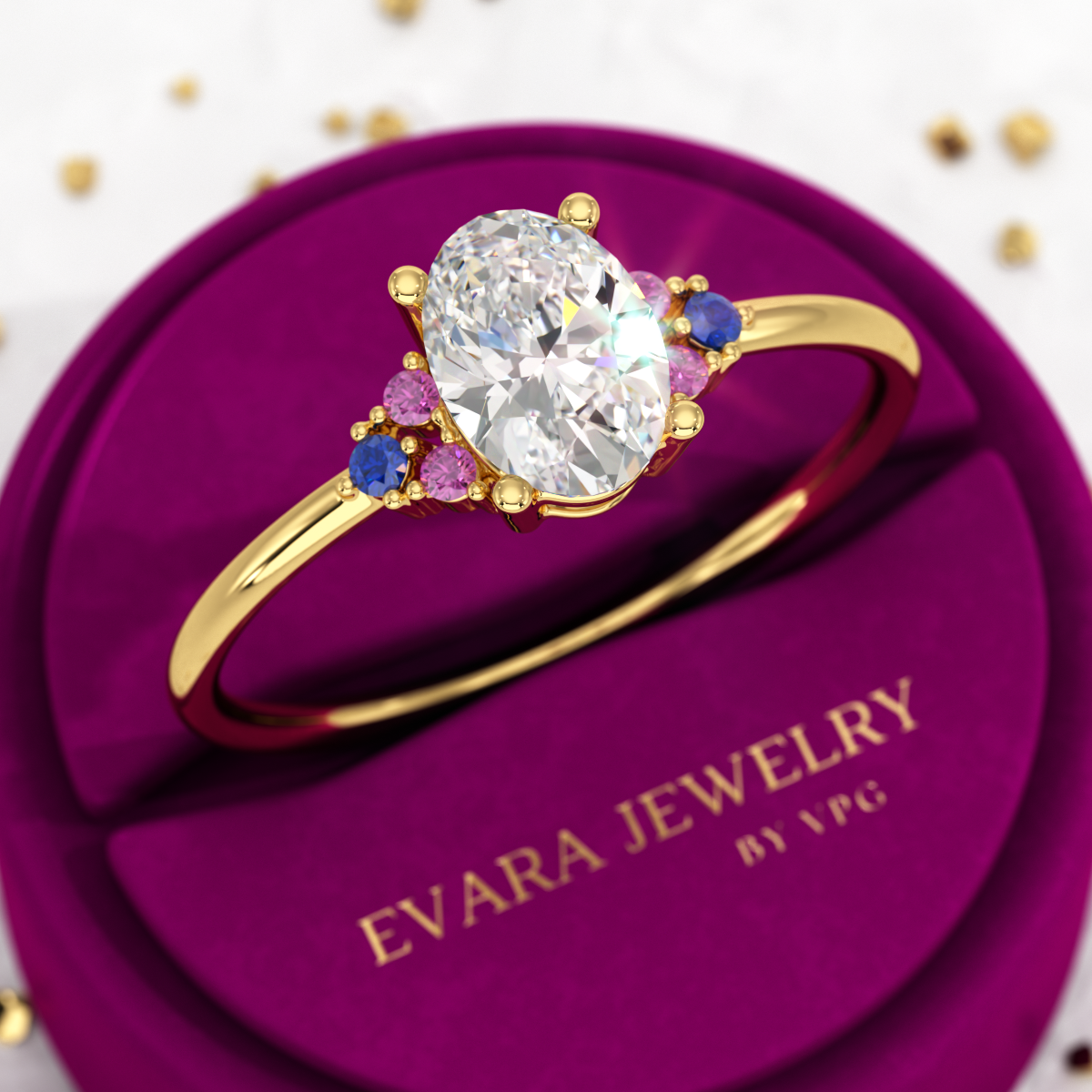 Oval CVD Diamond Engagement Ring with Natural Ruby & Sapphire