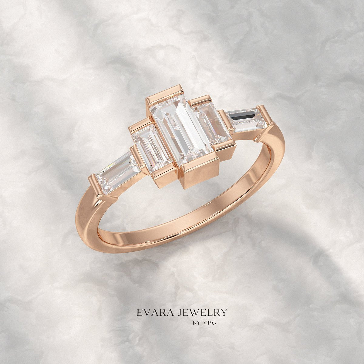 Art Deco Baguette Diamond 5 Stone Statement Ring - Evara Jewelry LLC
