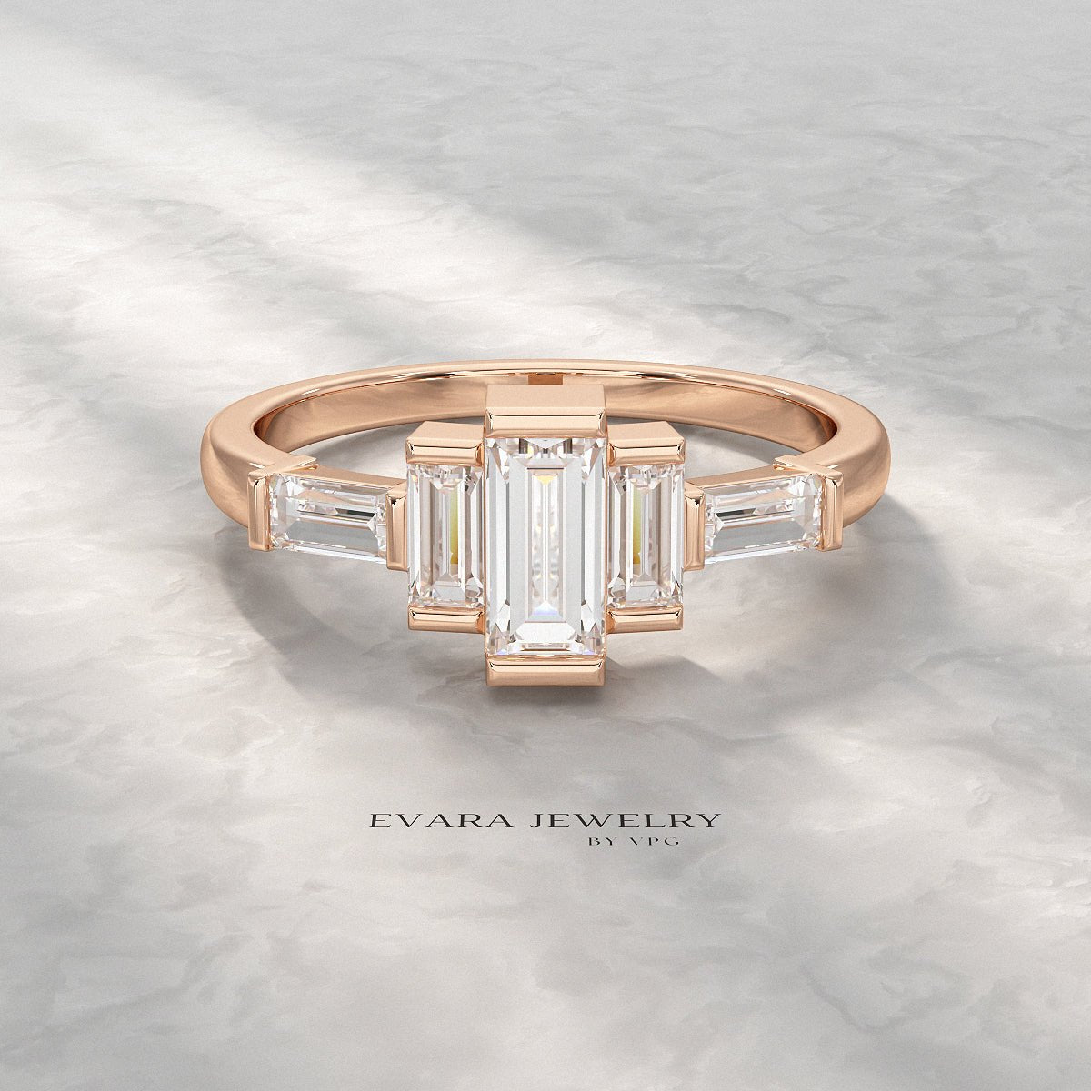 Art Deco Baguette Diamond 5 Stone Statement Ring - Evara Jewelry LLC
