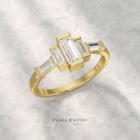 Art Deco Baguette Diamond 5 Stone Statement Ring - Evara Jewelry LLC