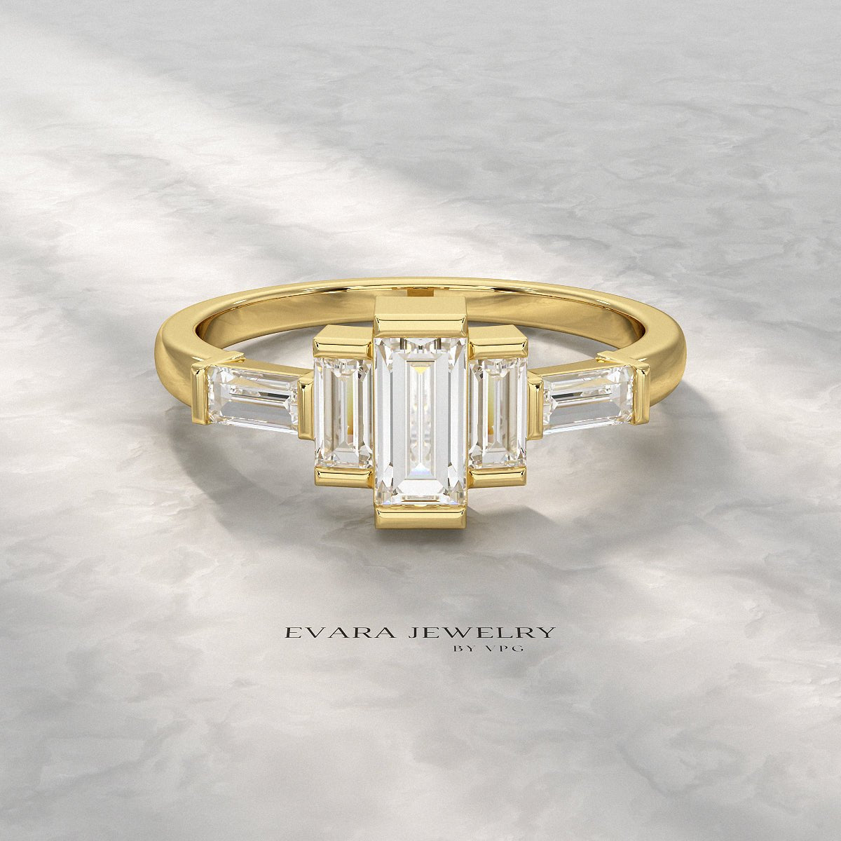 Art Deco Baguette Diamond 5 Stone Statement Ring - Evara Jewelry LLC