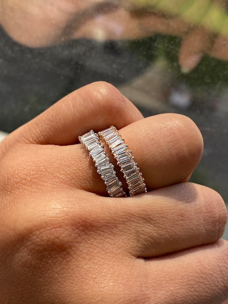 Baguette Cut Diamond Art Deco Eternity Stacking Band - Evara Jewelry LLC