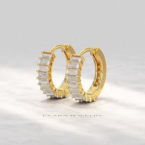 Baguette Cut Lab Grown Diamond Hoop Earrings: Art Deco Huggies, 14K Gold Everyday Wear - Evara Jewelry LLC