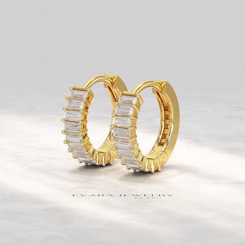 Baguette Cut Lab Grown Diamond Hoop Earrings: Art Deco Huggies, 14K Gold Everyday Wear - Evara Jewelry LLC