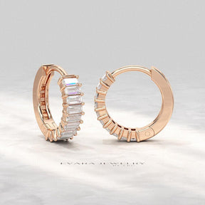 Baguette Cut Lab Grown Diamond Hoop Earrings: Art Deco Huggies, 14K Gold Everyday Wear - Evara Jewelry LLC