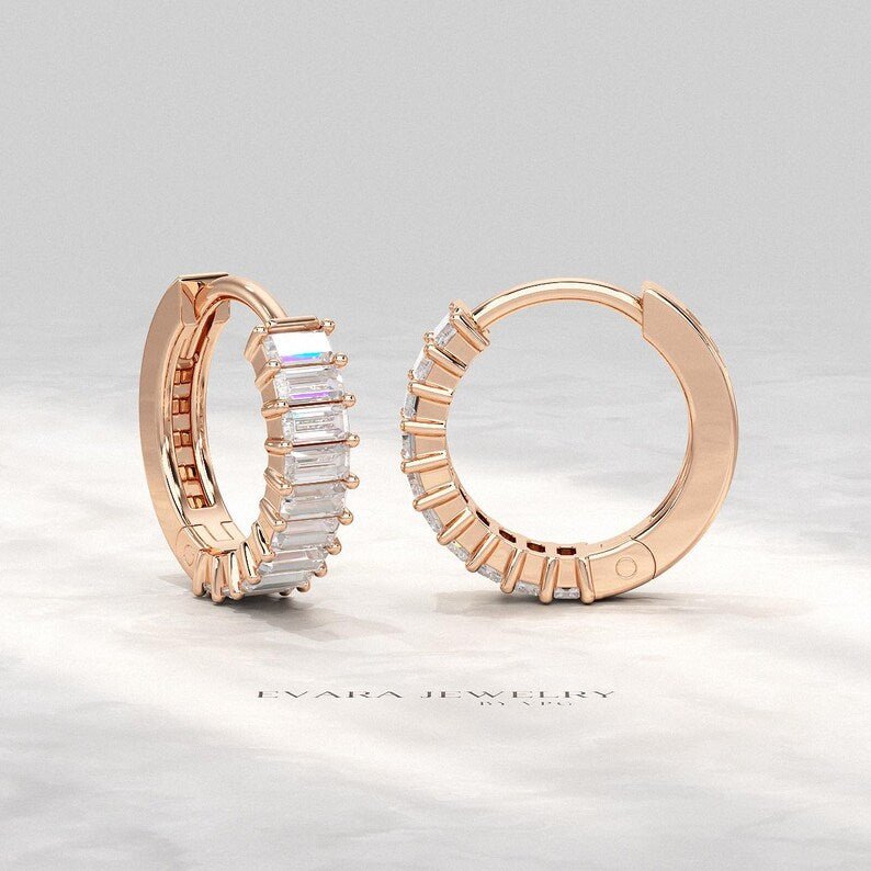 Baguette Cut Lab Grown Diamond Hoop Earrings: Art Deco Huggies, 14K Gold Everyday Wear - Evara Jewelry LLC