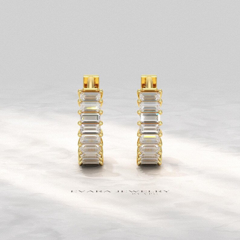Baguette Cut Lab Grown Diamond Hoop Earrings: Art Deco Huggies, 14K Gold Everyday Wear - Evara Jewelry LLC