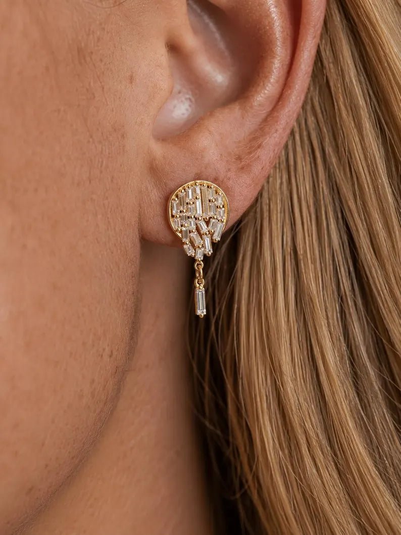 Baguette Cut Lab Grown Diamond Stud Earrings: Diamond Mosaic Earring - Evara Jewelry LLC