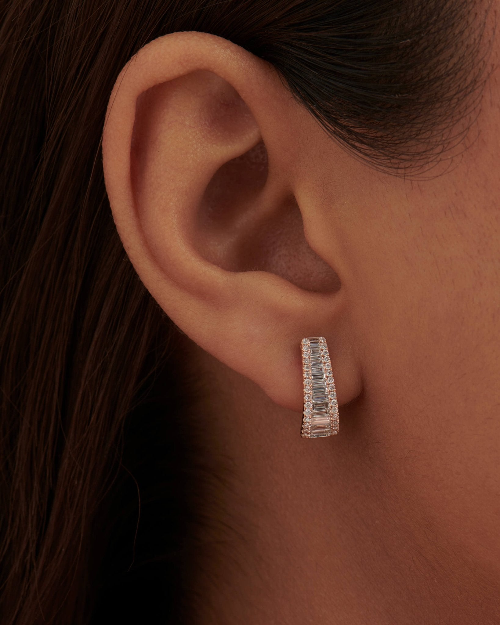 Baguette & Round Diamond Tapered Hoops Earrings - Evara Jewelry LLC