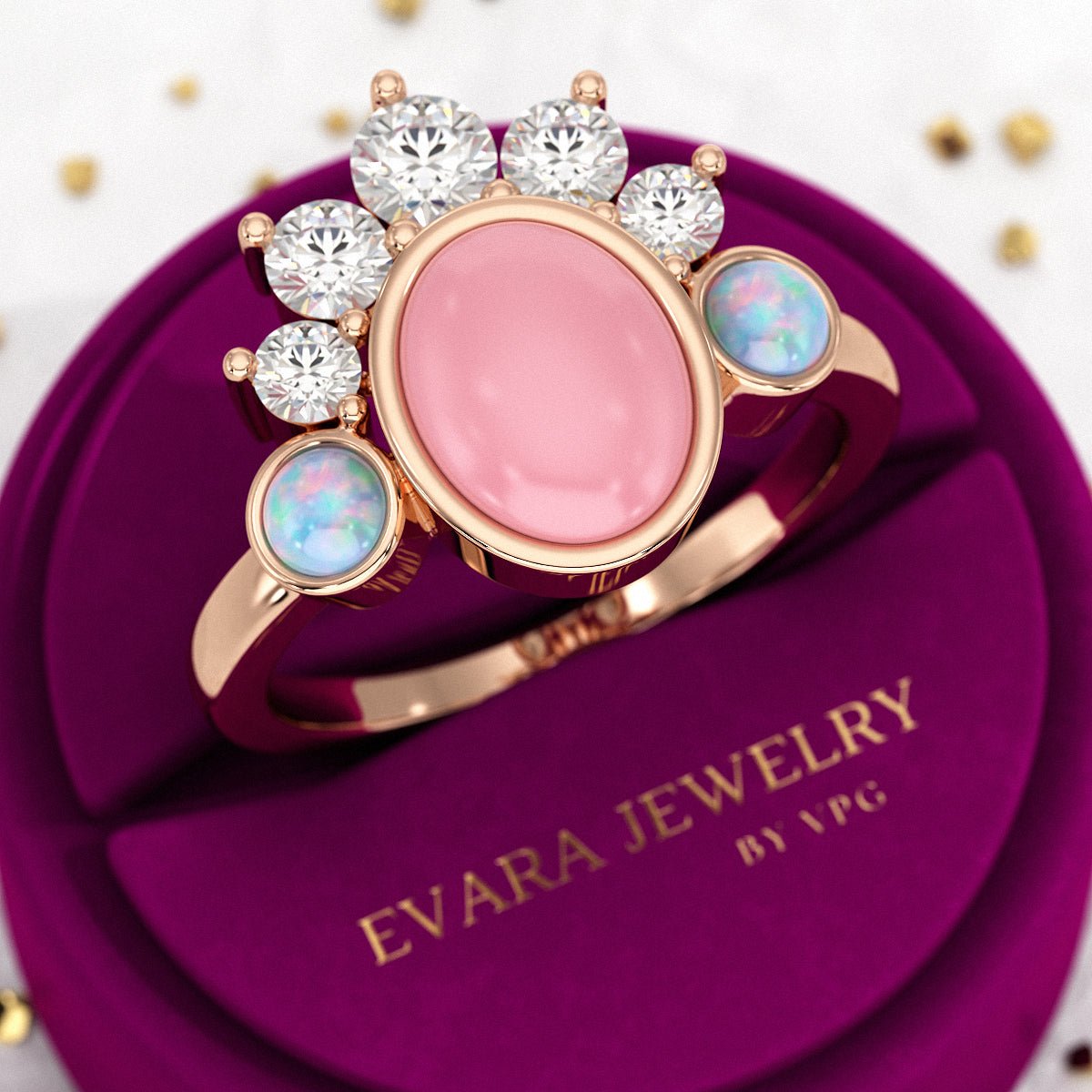 Barbie Theme Pink Opal Multi Stone Art Deco Ring with Fire Opal and Lab Grown Diamonds - Evara Jewelry LLC