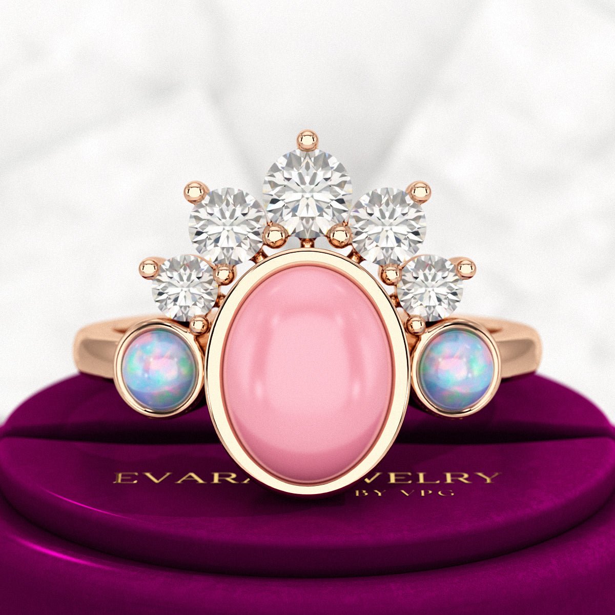 Barbie Theme Pink Opal Multi Stone Art Deco Ring with Fire Opal and Lab Grown Diamonds - Evara Jewelry LLC