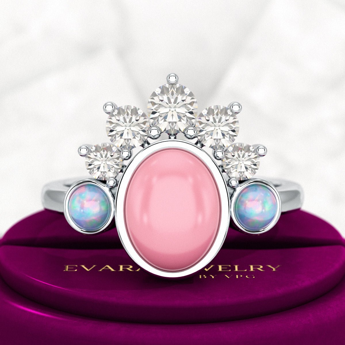 Barbie Theme Pink Opal Multi Stone Art Deco Ring with Fire Opal and Lab Grown Diamonds - Evara Jewelry LLC