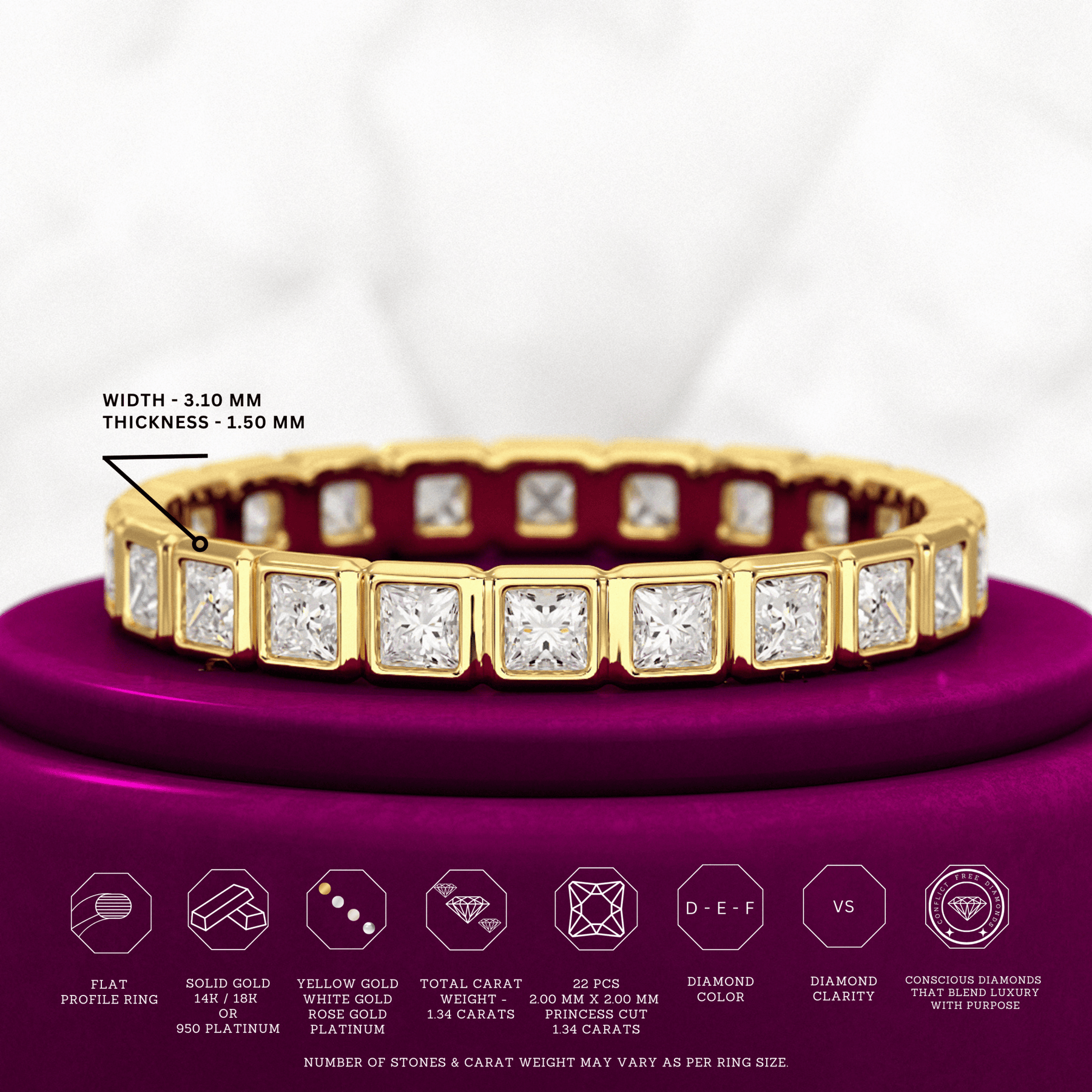 Bezel Set Eternity Band with Princess Cut Lab Grown Diamonds - Evara Jewelry LLC