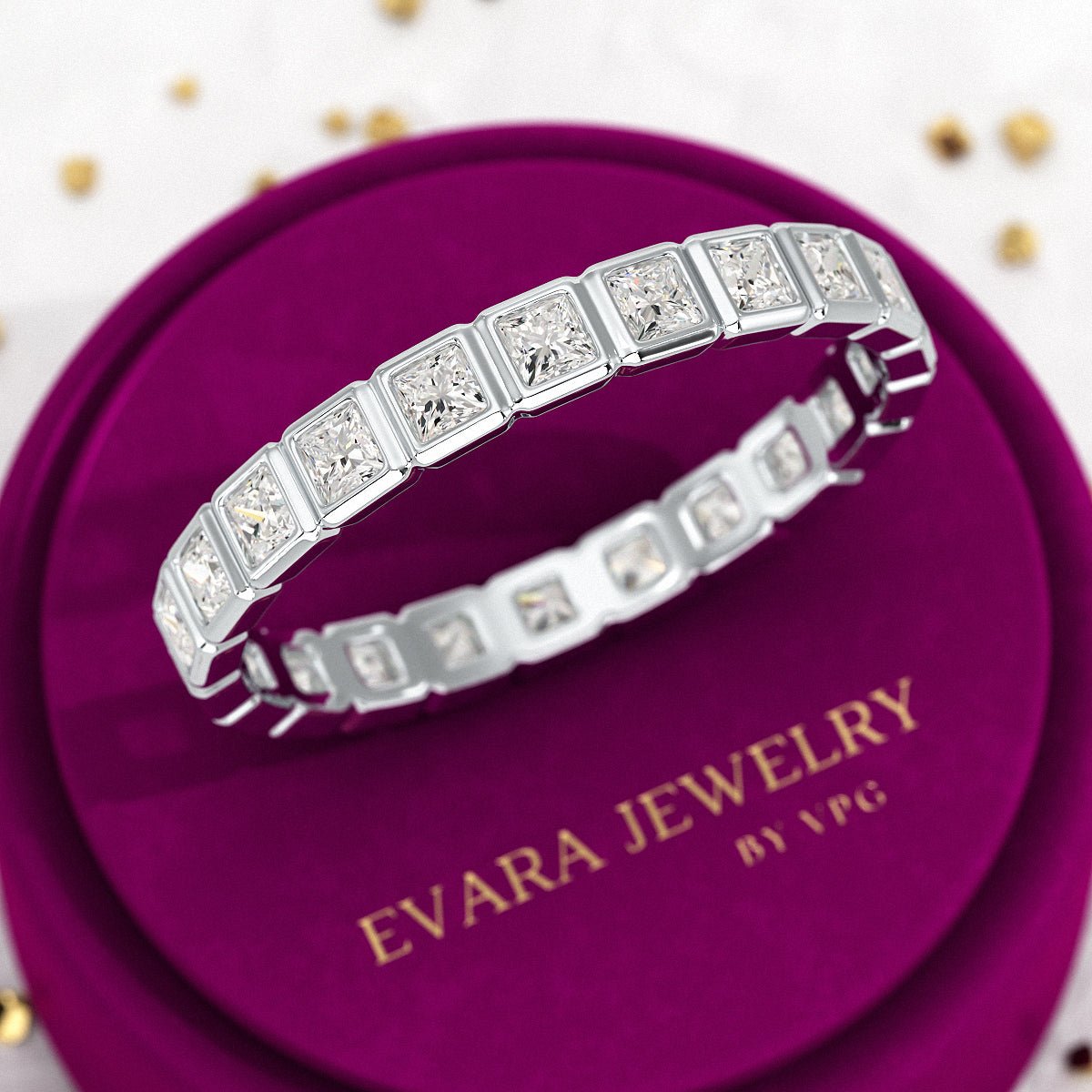 Bezel Set Eternity Band with Princess Cut Lab Grown Diamonds - Evara Jewelry LLC