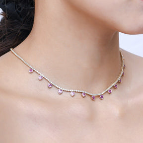 Natural Pink Sapphire Heart Charm and Lab-Grown Diamond Tennis Necklace in Rose Gold