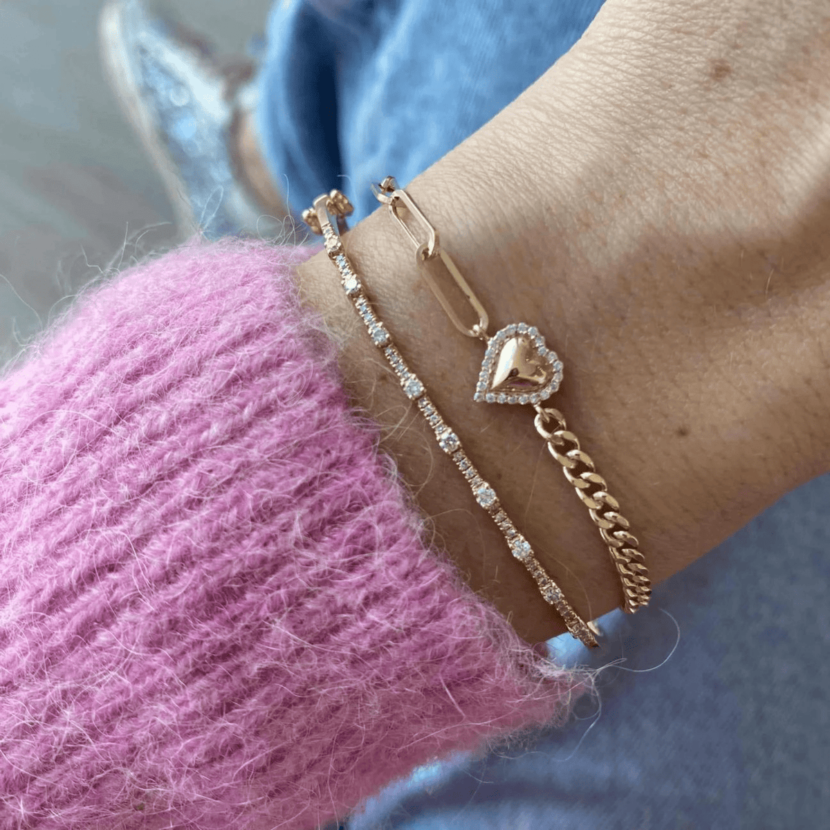 Dainty Diamond Heart Paperclip & Cuban 50 - 50 Bracelet - Evara Jewelry LLC