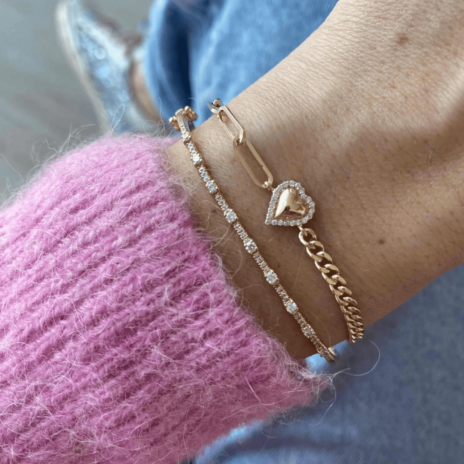 Dainty Diamond Heart Paperclip & Cuban 50 - 50 Bracelet - Evara Jewelry LLC
