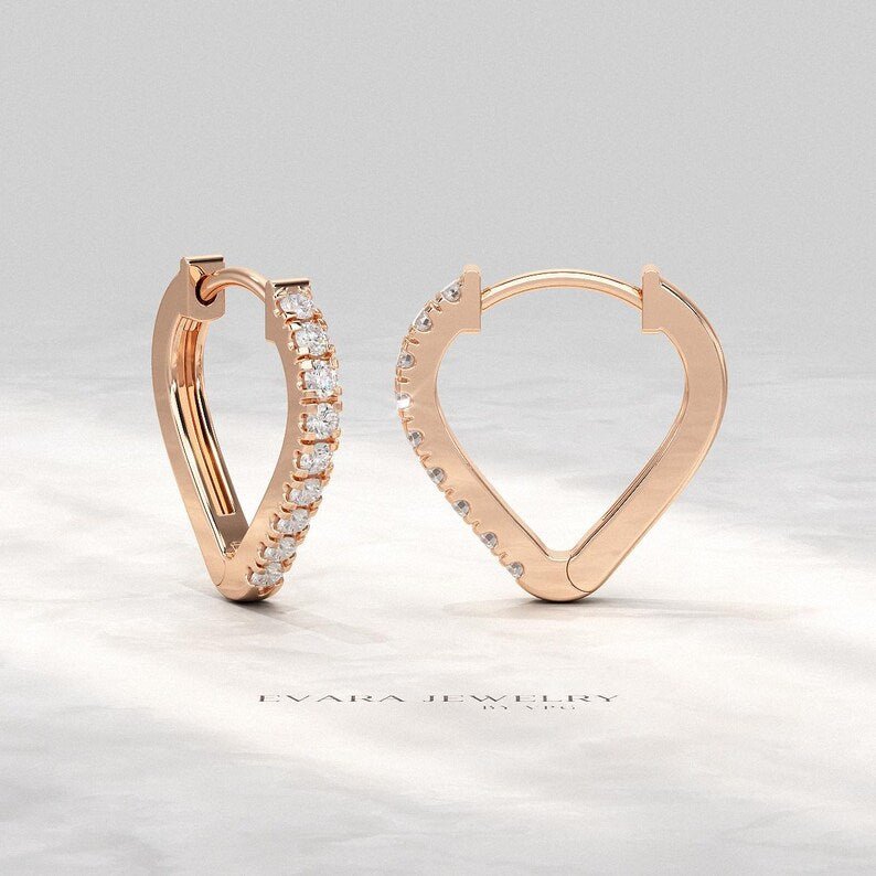 Diamond Heart Hoop Earrings – Lab Grown Diamond Huggies in 14K Gold, Birthday Gift for Her - Evara Jewelry LLC