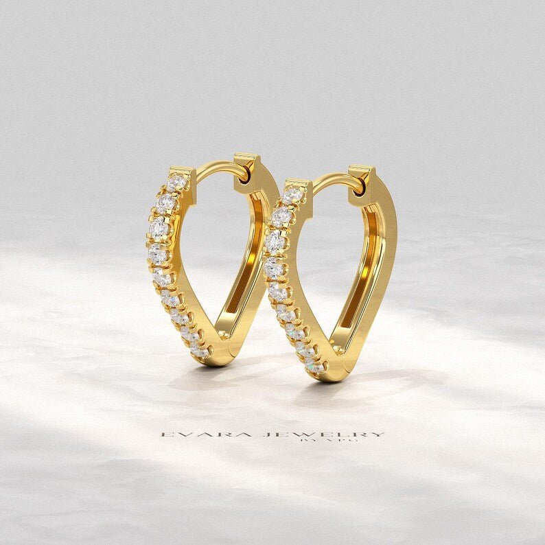 Diamond Heart Hoop Earrings – Lab Grown Diamond Huggies in 14K Gold, Birthday Gift for Her - Evara Jewelry LLC