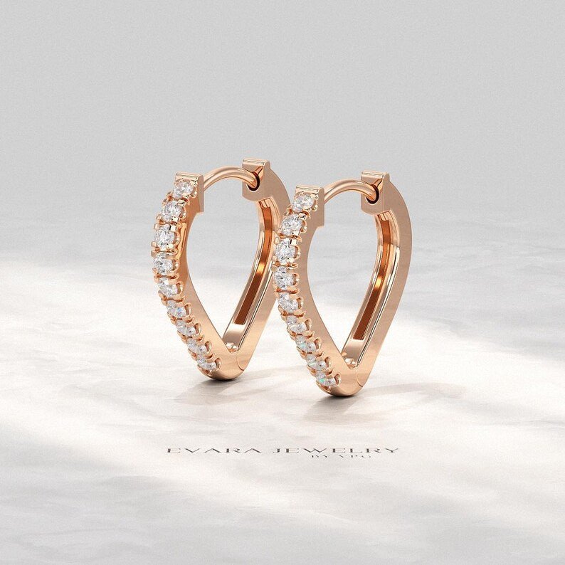 Diamond Heart Hoop Earrings – Lab Grown Diamond Huggies in 14K Gold, Birthday Gift for Her - Evara Jewelry LLC