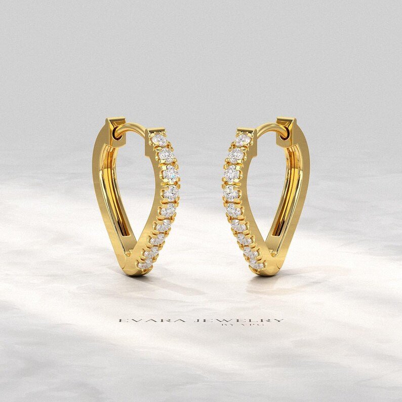 Diamond Heart Hoop Earrings – Lab Grown Diamond Huggies in 14K Gold, Birthday Gift for Her - Evara Jewelry LLC