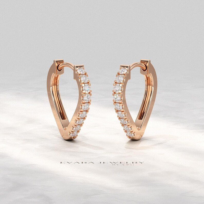 Diamond Heart Hoop Earrings – Lab Grown Diamond Huggies in 14K Gold, Birthday Gift for Her - Evara Jewelry LLC