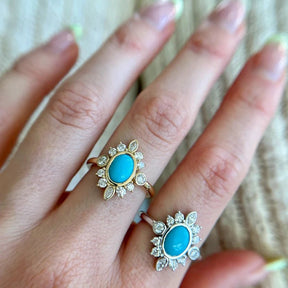 Diamond & Natural Turquoise Art Deco Statement Oval Wedding Ring - Evara Jewelry LLC