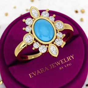 Diamond & Natural Turquoise Art Deco Statement Oval Wedding Ring - Evara Jewelry LLC