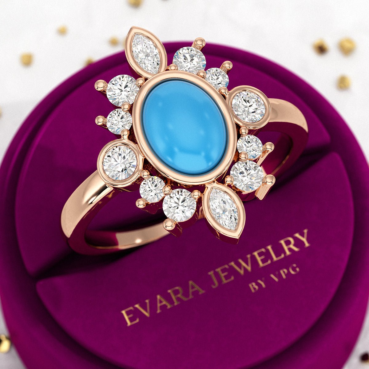 Diamond & Natural Turquoise Art Deco Statement Oval Wedding Ring - Evara Jewelry LLC