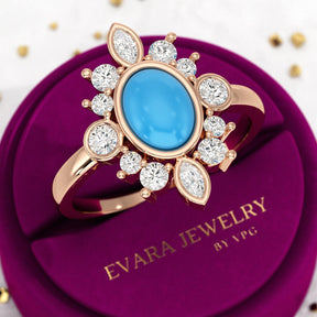 Diamond & Natural Turquoise Art Deco Statement Oval Wedding Ring - Evara Jewelry LLC