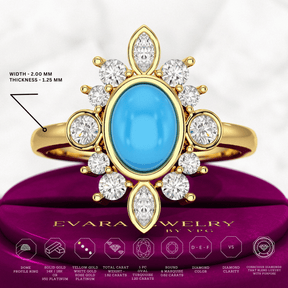 Diamond & Natural Turquoise Art Deco Statement Oval Wedding Ring - Evara Jewelry LLC