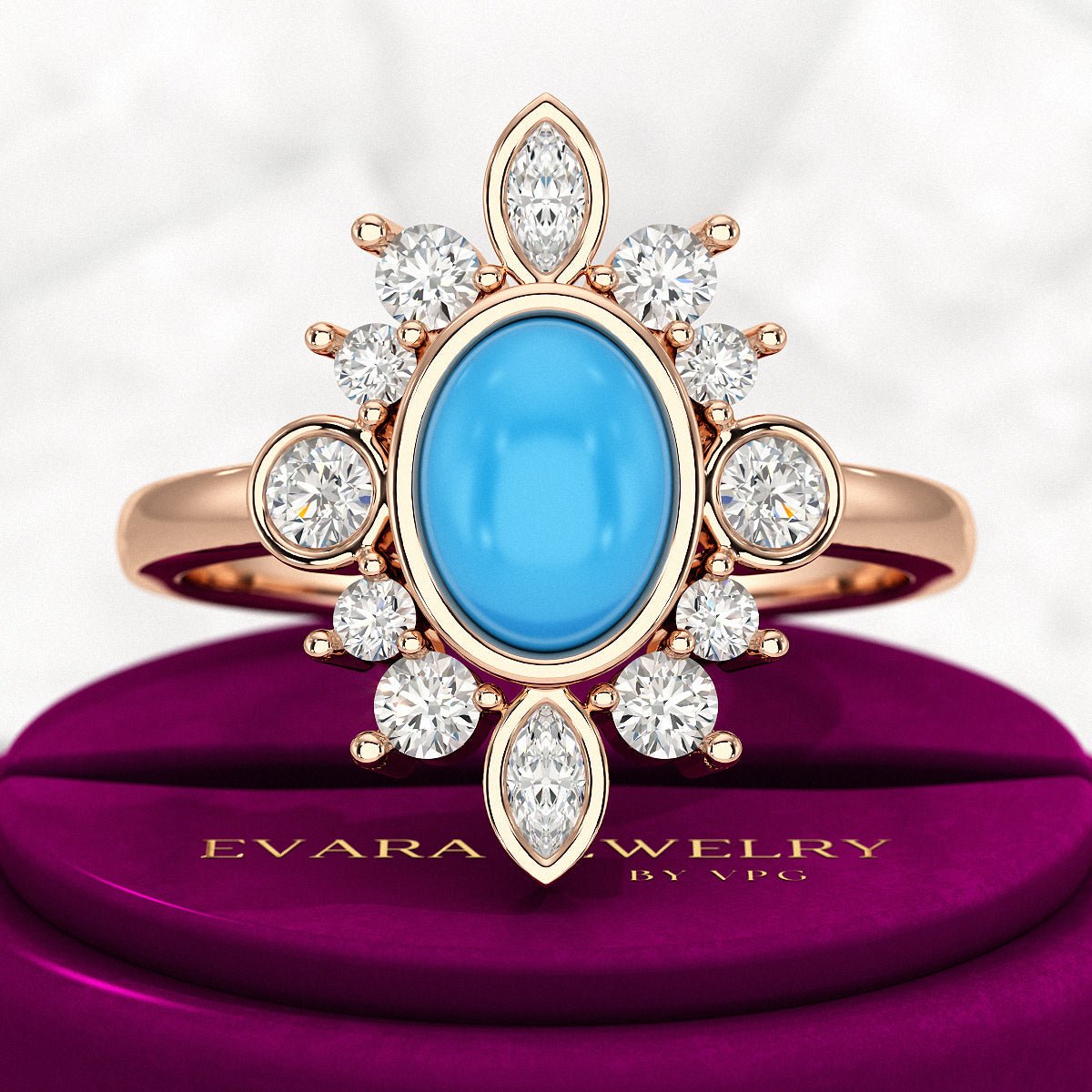 Diamond & Natural Turquoise Art Deco Statement Oval Wedding Ring - Evara Jewelry LLC